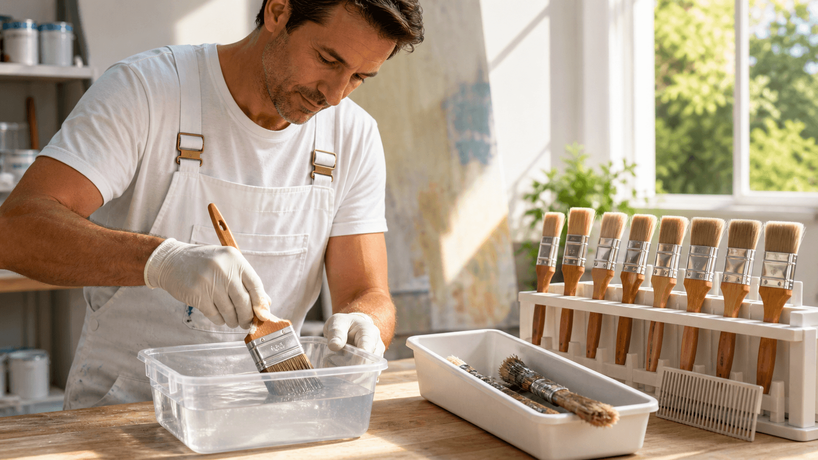 Paintbrushes, soap, and a glass jar arranged on a light wooden surface against a soft beige background.