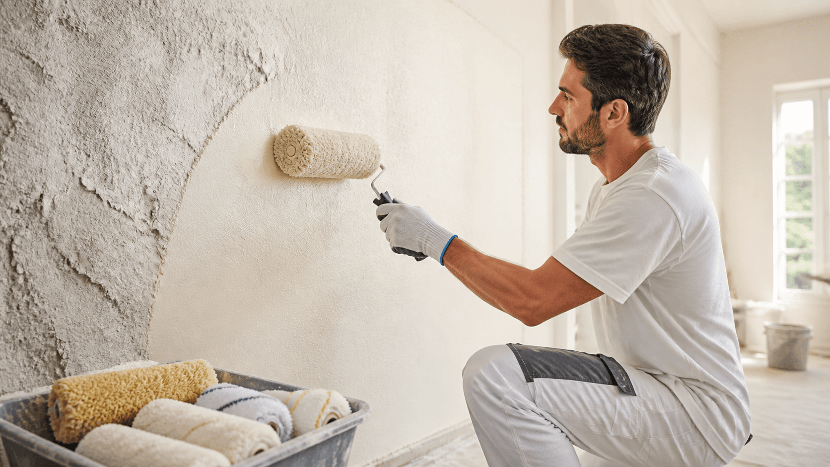Paint rollers with varied nap textures rest against a warmly lit, rough plaster wall.