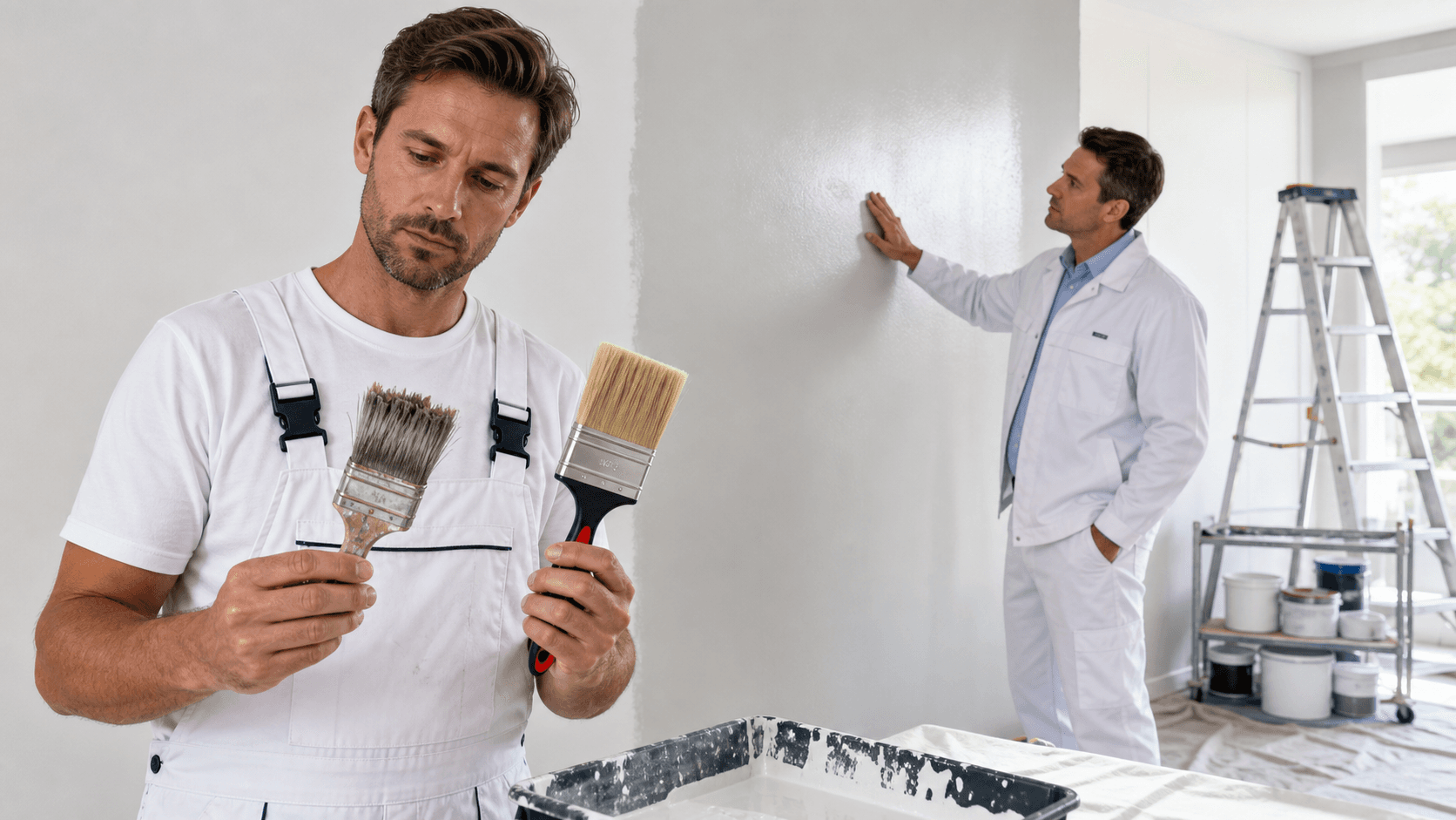 Painter holds mismatched brushes beside a streaky painted wall under bright workshop lighting.