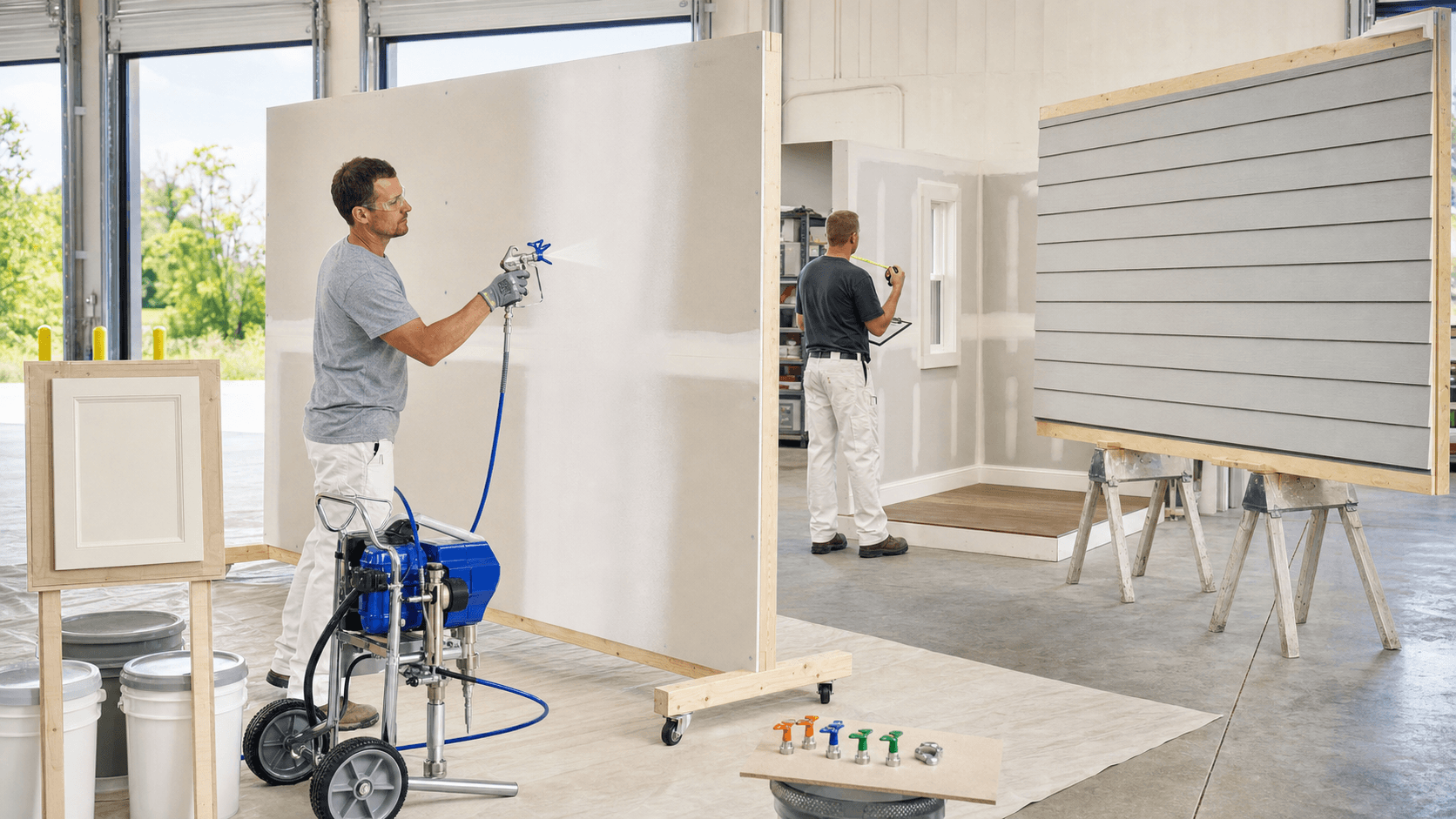 Red and gray paint sprayer beside stacked boards, with a tape measure and paint mist on a bright white background