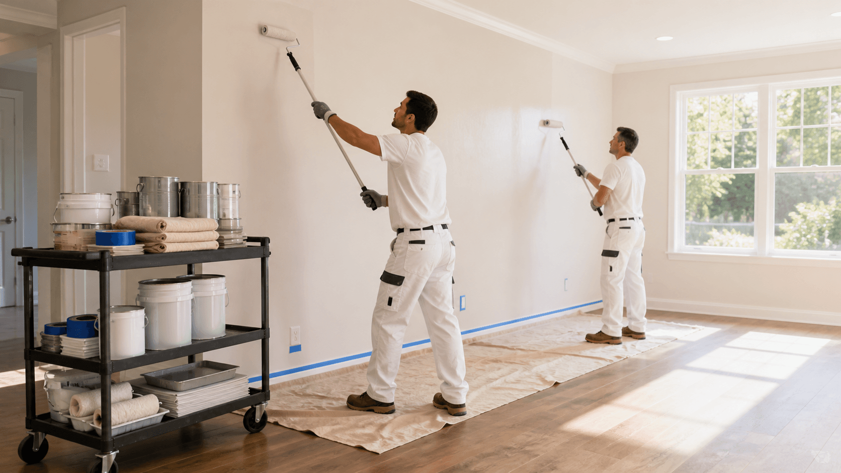 Bright paint cans, rollers, and brushes arranged in a freshly painted modern apartment under natural light.