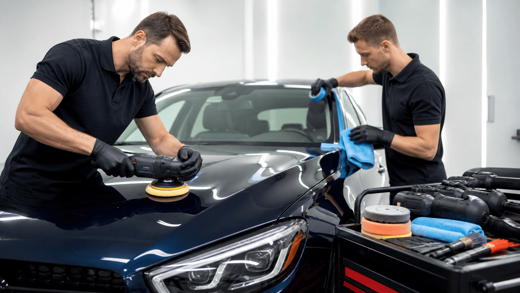Close-up of a red car hood being polished with a power buffer, hand tools and microfiber cloths nearby.
