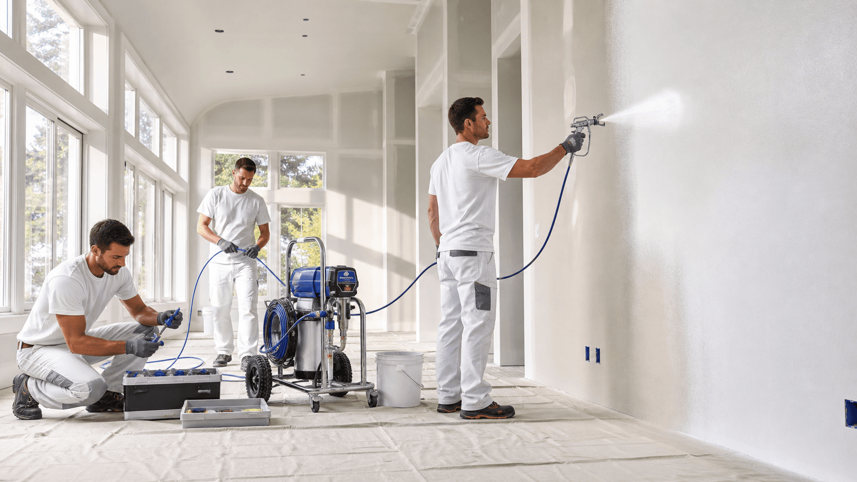 Painter in coveralls spraying a wall with an airless sprayer, paint mist in sunlight, tools lined up nearby