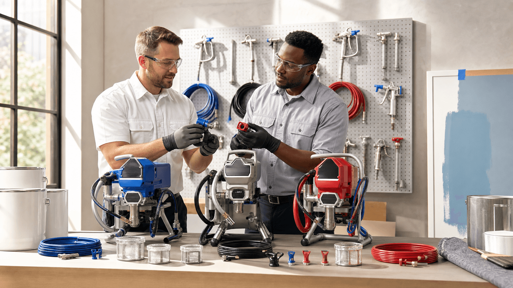 Two paint sprayers side by side on a bright workbench, with paint cans and measuring tools in warm sunlight.